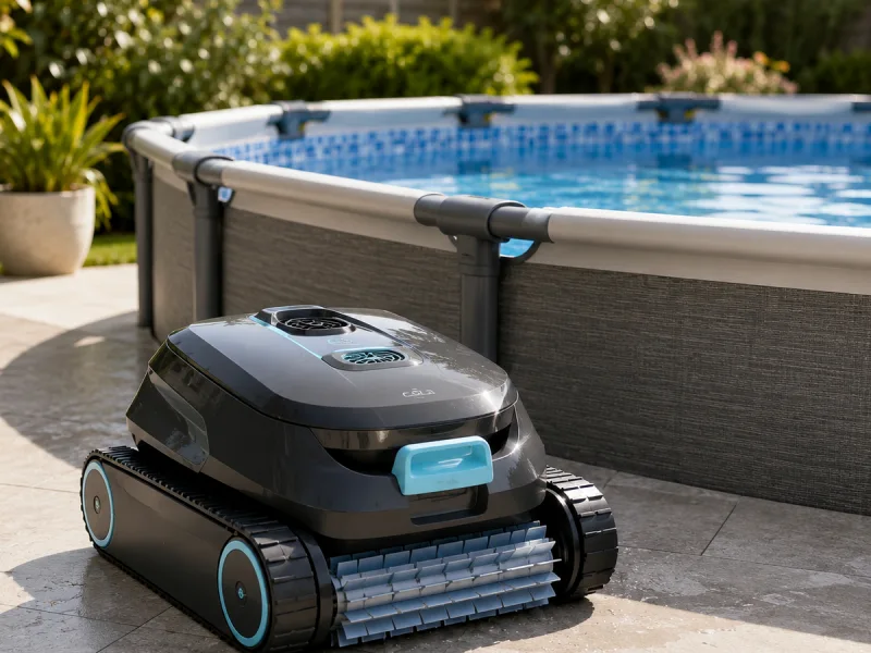 Robot de piscine sans fil générique posé au bord d'un bassin à l'eau claire