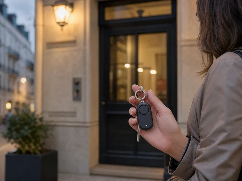 Alarme personnelle générique tenue à la main près d’une entrée au crépuscule