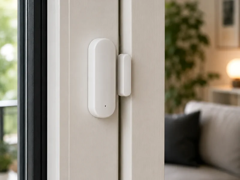 Détecteur d'ouverture générique fixé sur un cadre de porte dans un intérieur clair