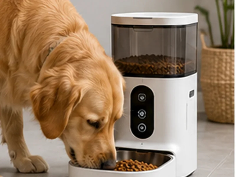 Chien devant un distributeur automatique de croquettes générique