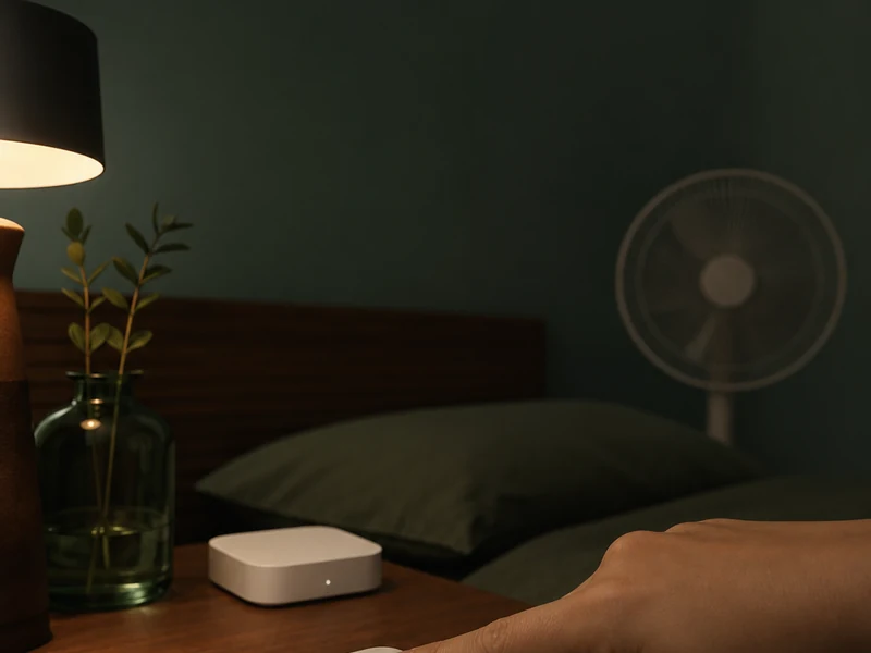 Bouton domotique générique posé près d’un lit pour lancer une routine du soir