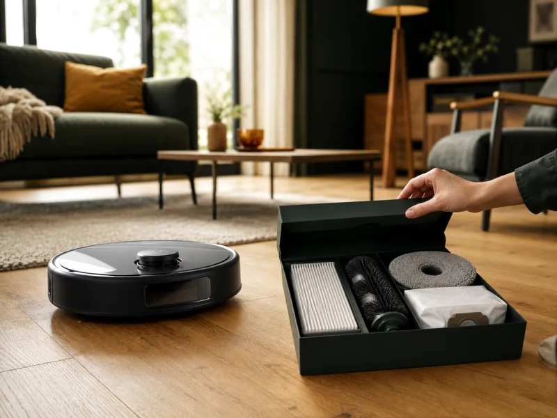 Aspirateur robot générique et kit d'entretien ordonné dans un intérieur premium