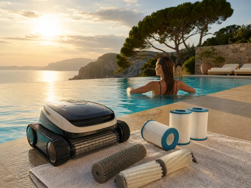 Robot de piscine générique et consommables propres au bord d'une eau cristalline