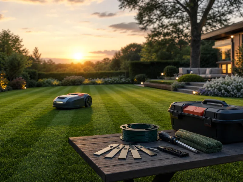 Robot tondeuse générique et kit d'entretien dans un jardin parfaitement entretenu
