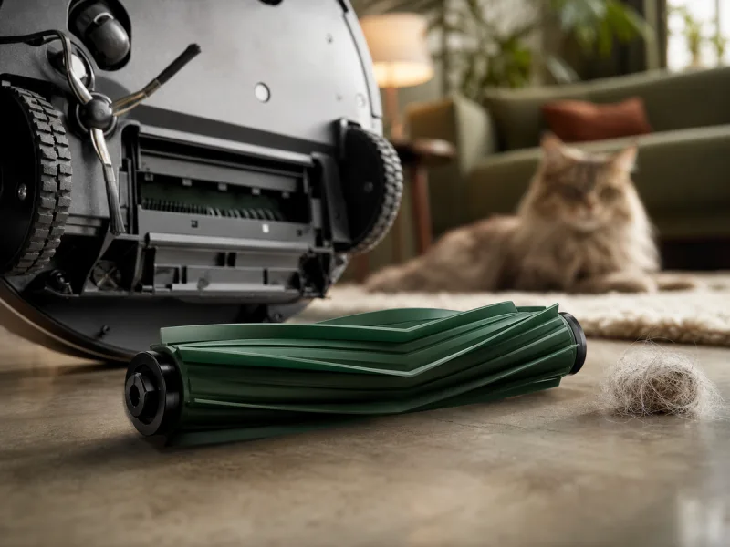 Rouleau central propre près d'un aspirateur robot générique et d'un chat détendu
