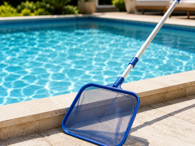 Épuisette de piscine à manche télescopique au bord d'une eau limpide