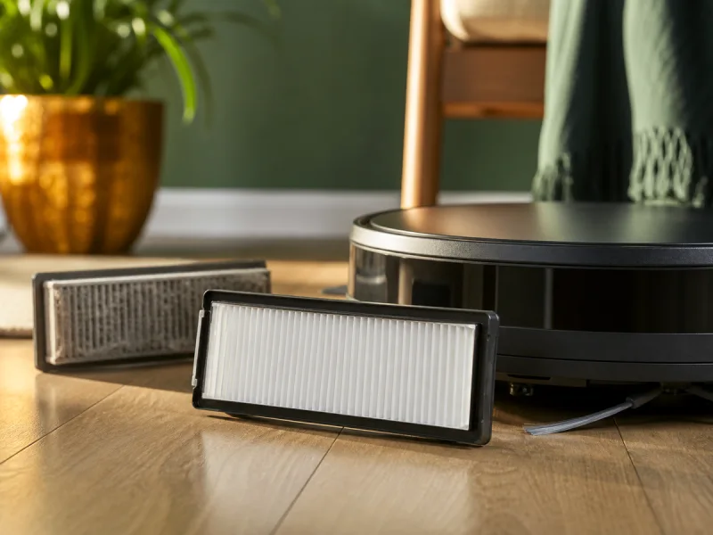 Filtre plissé propre devant un aspirateur robot générique dans un intérieur sain