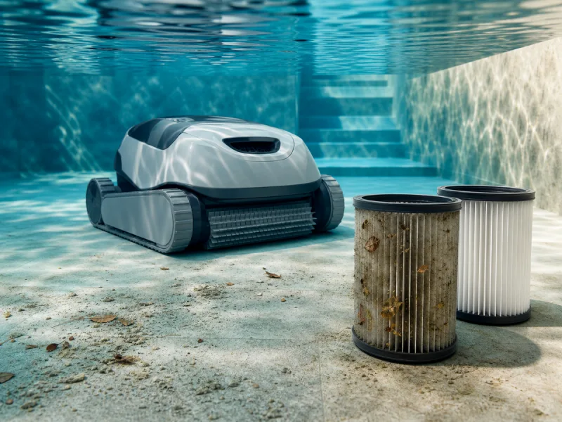 Filtres propres et usagés près d'un robot de piscine générique dans une eau cristalline