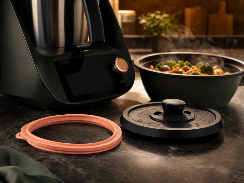 Joint alimentaire neuf près d'un robot cuiseur générique préparant un repas