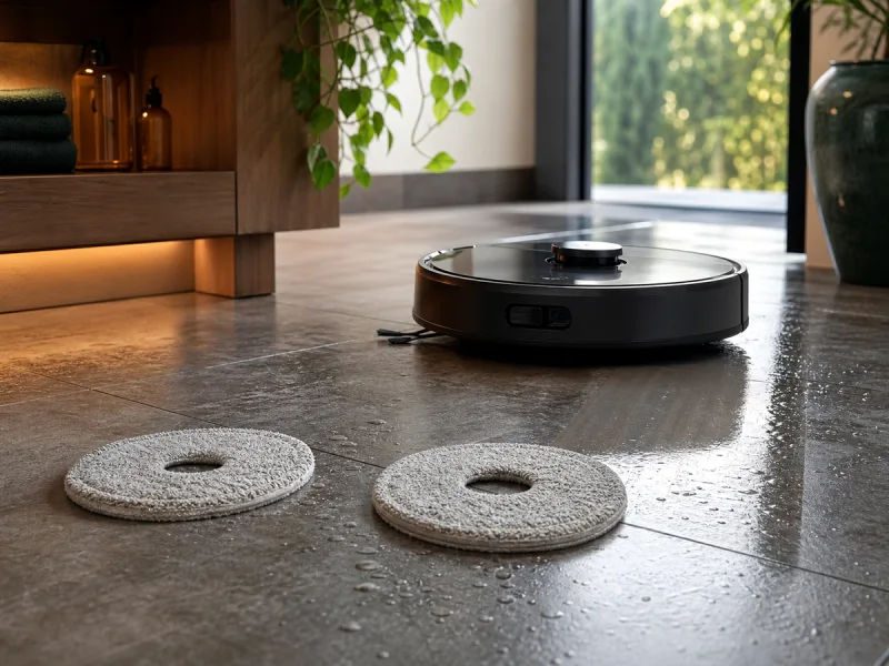 Patins microfibre propres devant un aspirateur robot générique sur un sol lavé