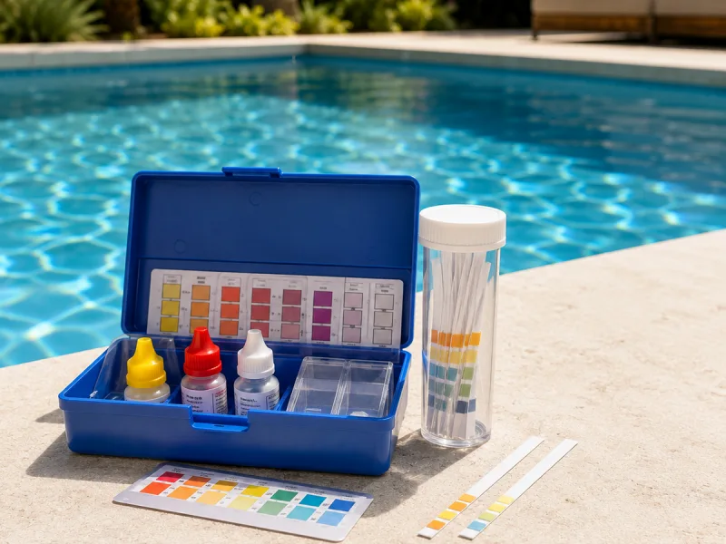 Testeur d'eau à bandelettes pour piscine et spa au bord d'un bassin