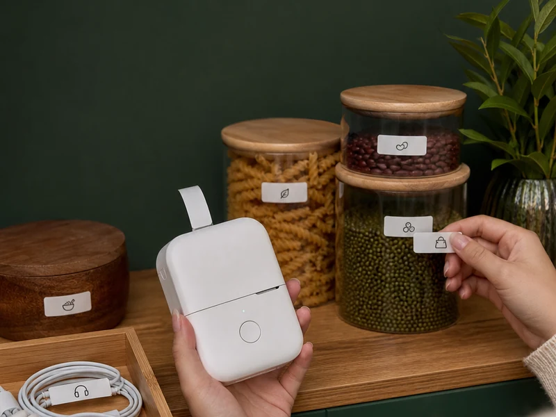 Mini-étiqueteuse thermique générique utilisée pour organiser des bocaux