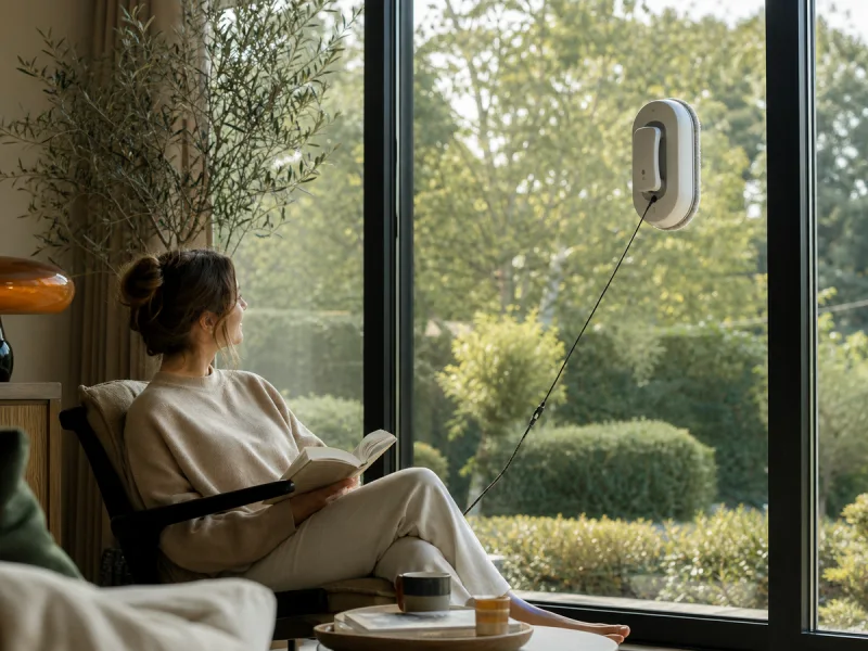 Robot lave-vitres générique sécurisé sur une baie pendant que l'habitante lit