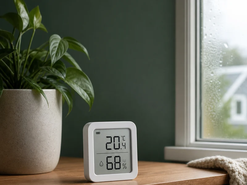 Thermomètre-hygromètre générique affiché près d’une fenêtre dans une pièce saine