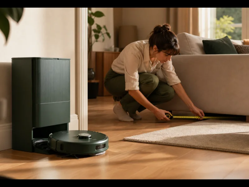 Habitante vérifiant le passage sous un canapé pendant qu’un robot aspirateur compact générique rejoint sa station