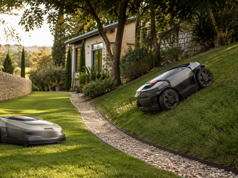 Robot tondeuse générique à traction intégrale progressant sur un talus dans un jardin paysager