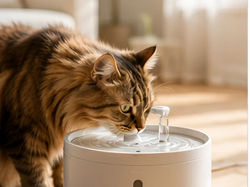 Chat buvant à une fontaine à eau automatique générique dans un salon lumineux