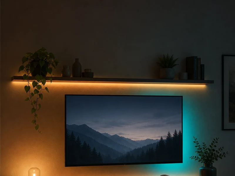 Ruban LED connecté générique diffusant un éclairage indirect derrière un écran