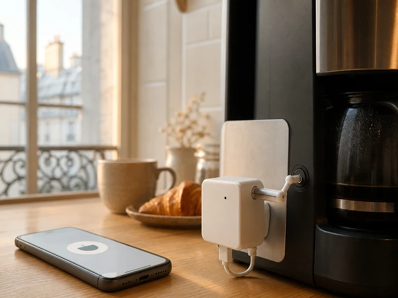 Mini-robot presse-bouton générique installé sur une cafetière mécanique dans une cuisine