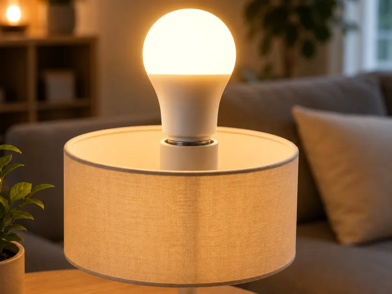 Ampoule connectée générique diffusant une lumière chaude dans un salon