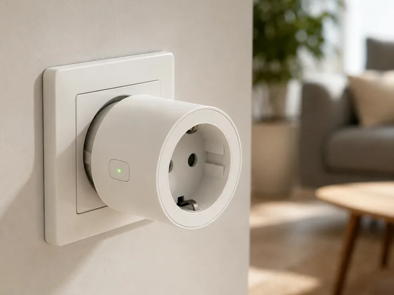 Prise connectée générique branchée près d'un appareil domestique dans un intérieur ordonné