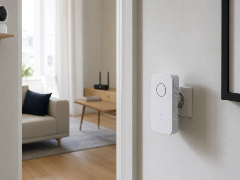 Répéteur Wi-Fi générique à antennes internes installé entre la box et une caméra connectée