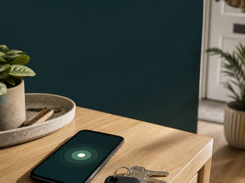 Petit traceur Bluetooth générique près de clés et d’un téléphone dans une entrée
