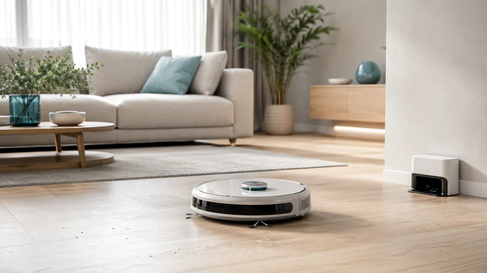 Robot aspirateur nettoyant le parquet d'un salon lumineux, sa station d'accueil visible près du mur