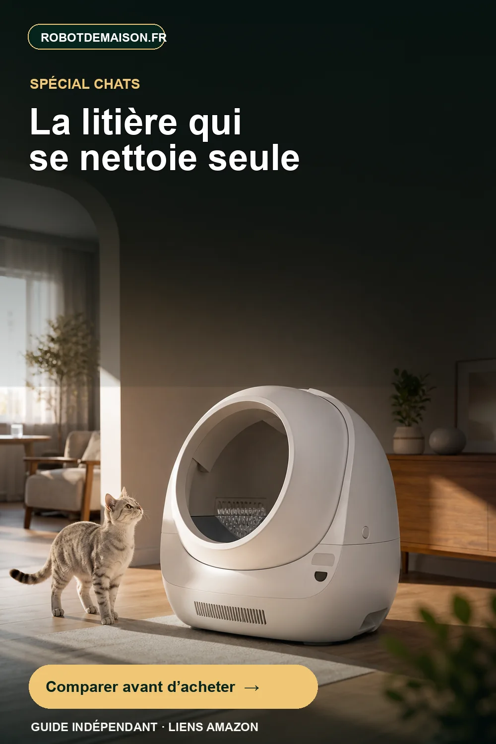 Chat observant une litière autonettoyante dans un appartement calme