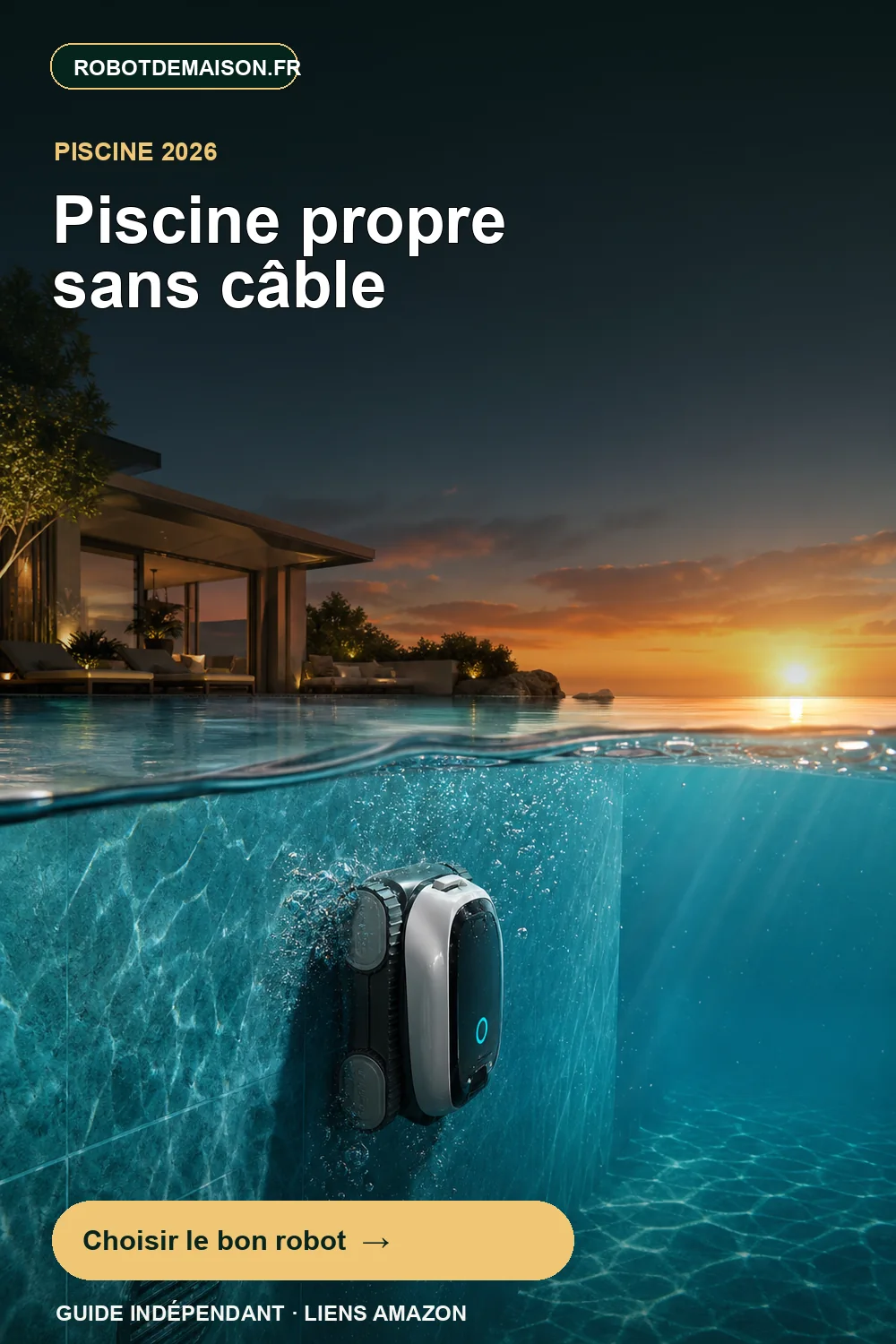 Robot de piscine sans fil montant une paroi jusqu'à la ligne d'eau