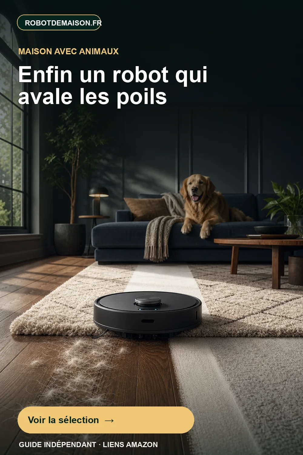 Robot aspirateur nettoyant les poils devant un chien dans un salon