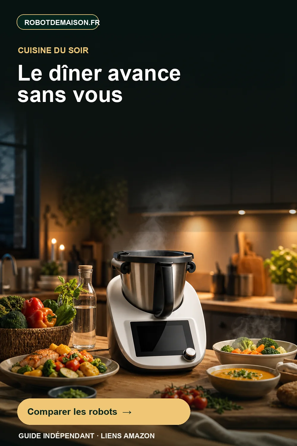 Robot cuiseur préparant plusieurs plats dans une cuisine chaleureuse