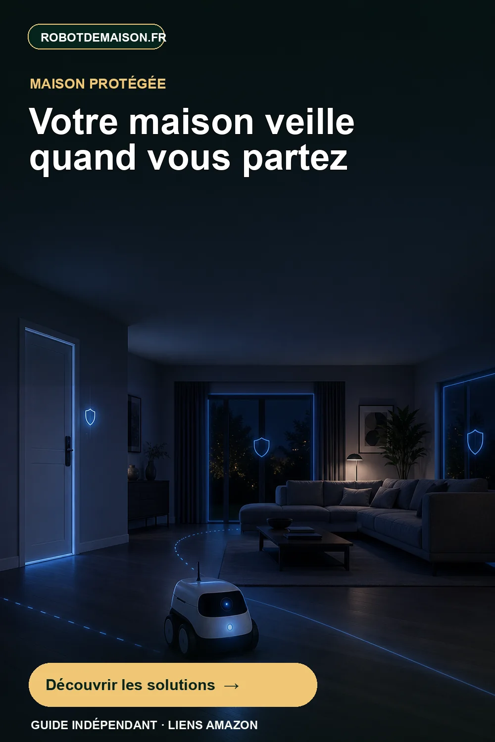 Petit robot de surveillance mobile patrouillant dans un salon de nuit
