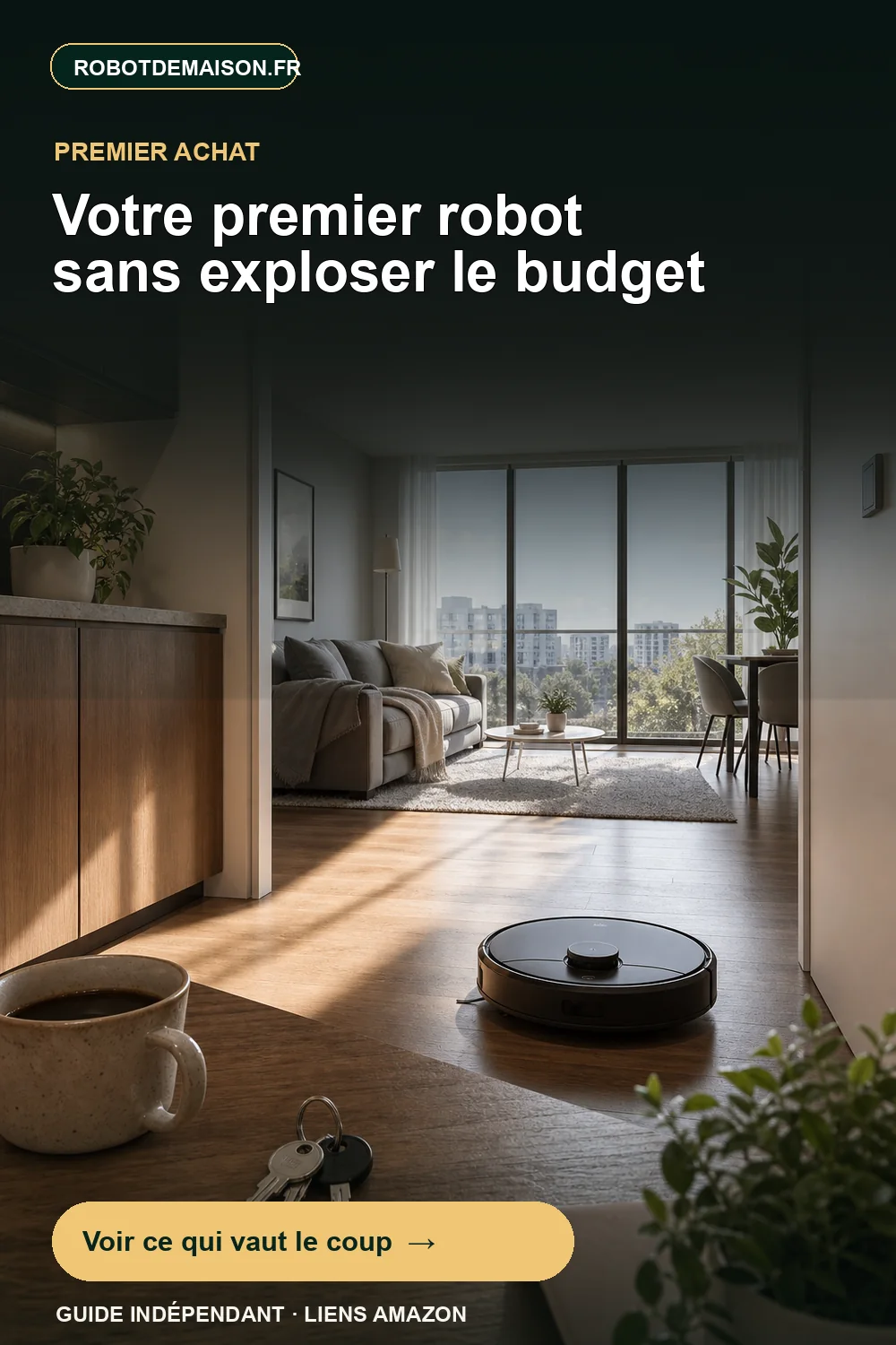 Robot aspirateur compact nettoyant un appartement lumineux