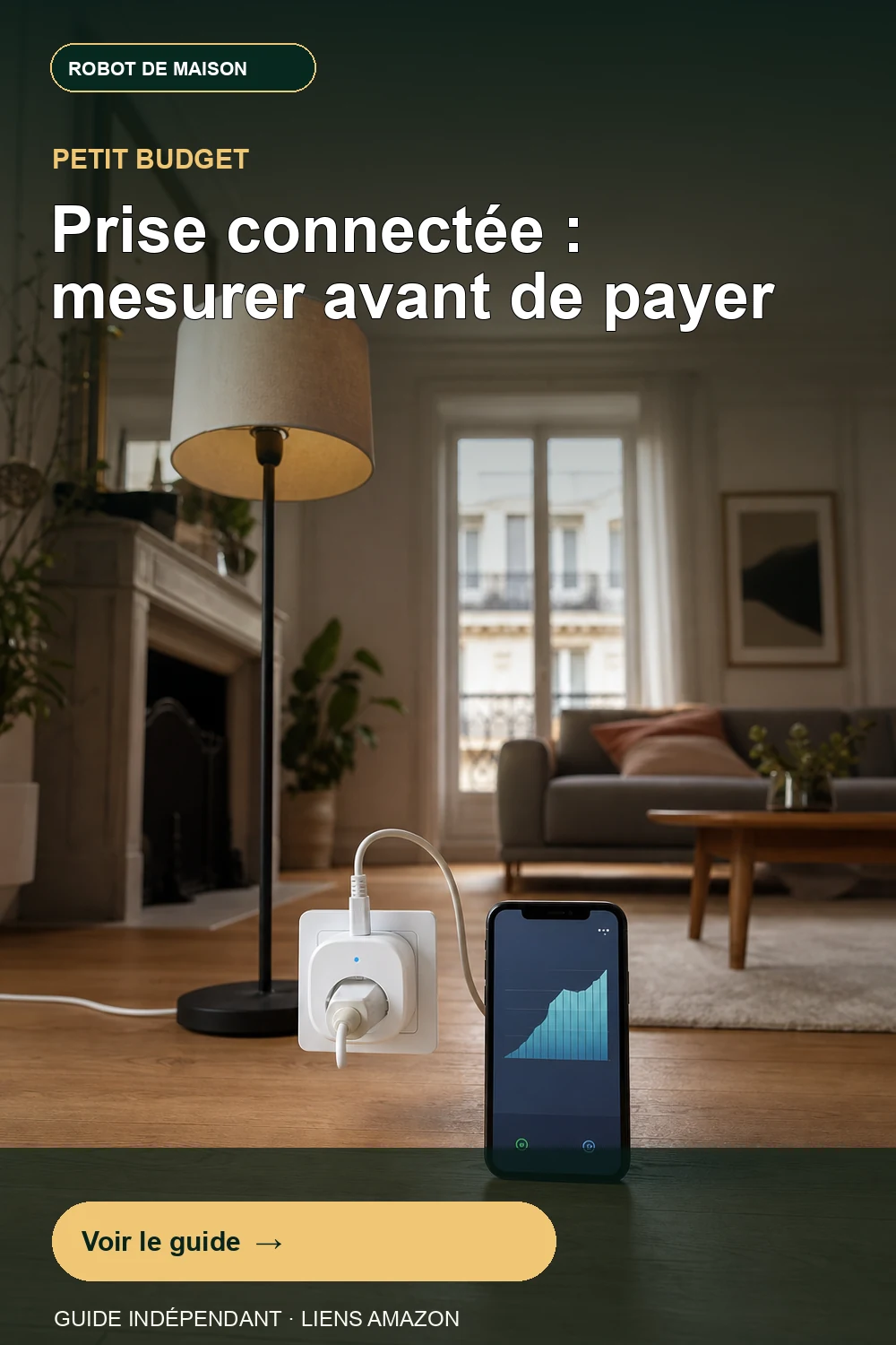 Prise connectée générique mesurant la consommation d’un lampadaire dans un salon