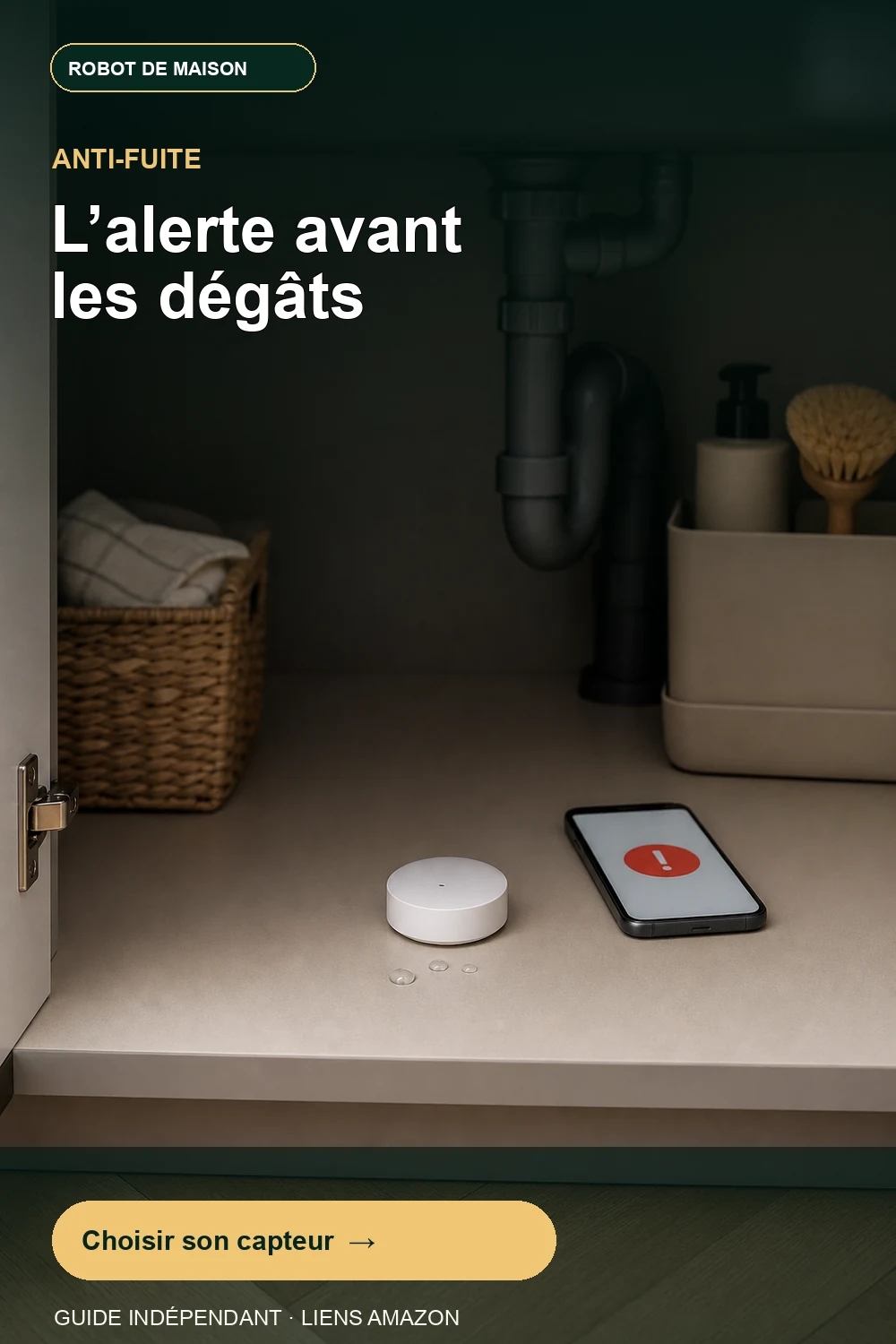 Capteur de fuite d’eau sans fil placé sous un évier avec une alerte sur smartphone