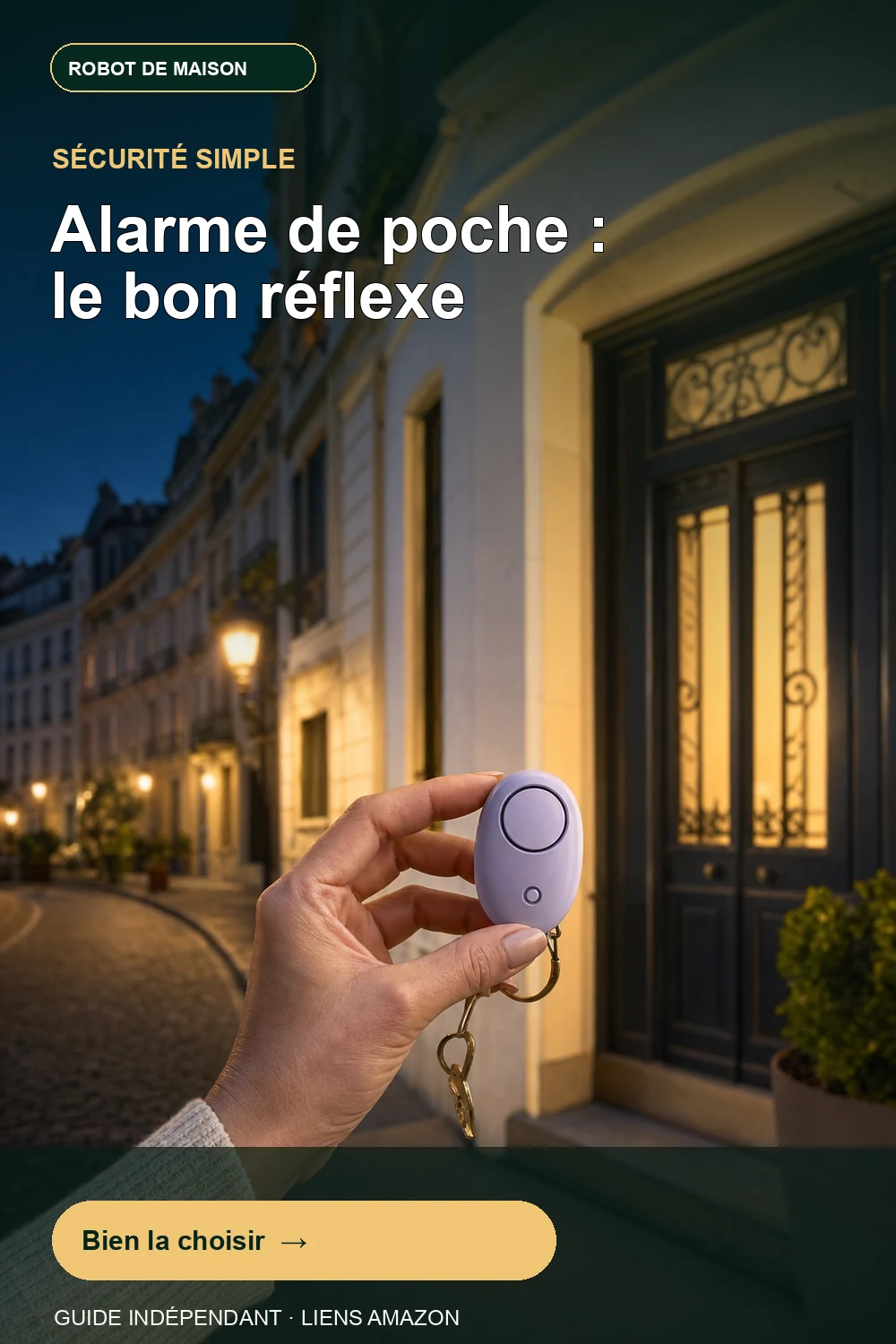 Alarme personnelle générique tenue à la main près d’une entrée éclairée