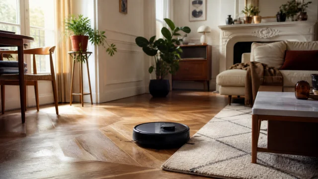 Robot aspirateur-laveur générique dans un salon français