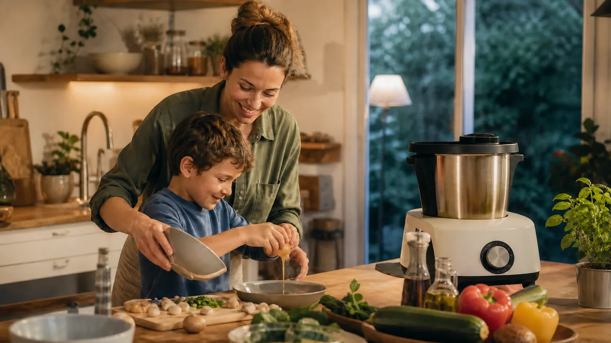 Robot cuiseur générique utilisé par une famille dans une cuisine française chaleureuse