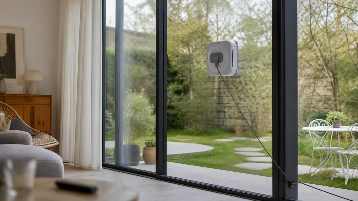 Robot lave-vitres générique sécurisé sur une grande baie vitrée d'une maison moderne