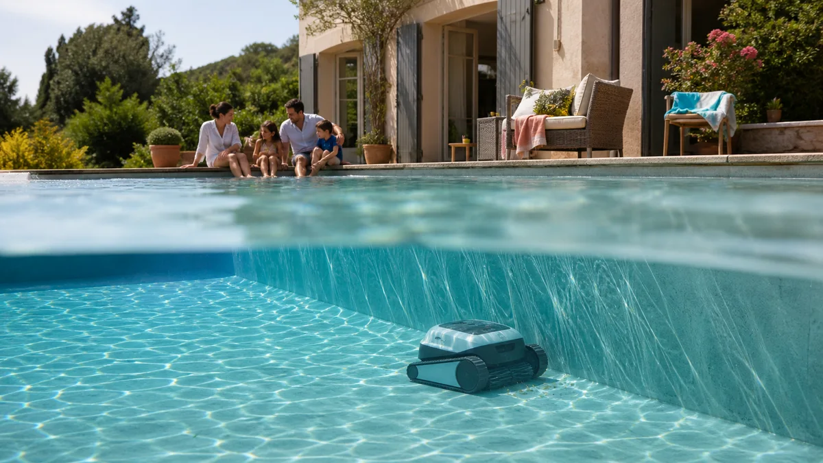 Robot nettoyeur de piscine générique visible sous l'eau dans un bassin familial français