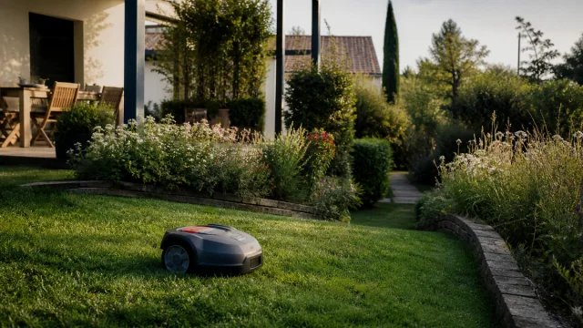 Robot tondeuse générique dans un jardin français