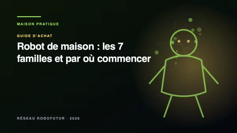 Illustration éditoriale générique des familles de robots domestiques — création graphique du réseau, pas une photo produit